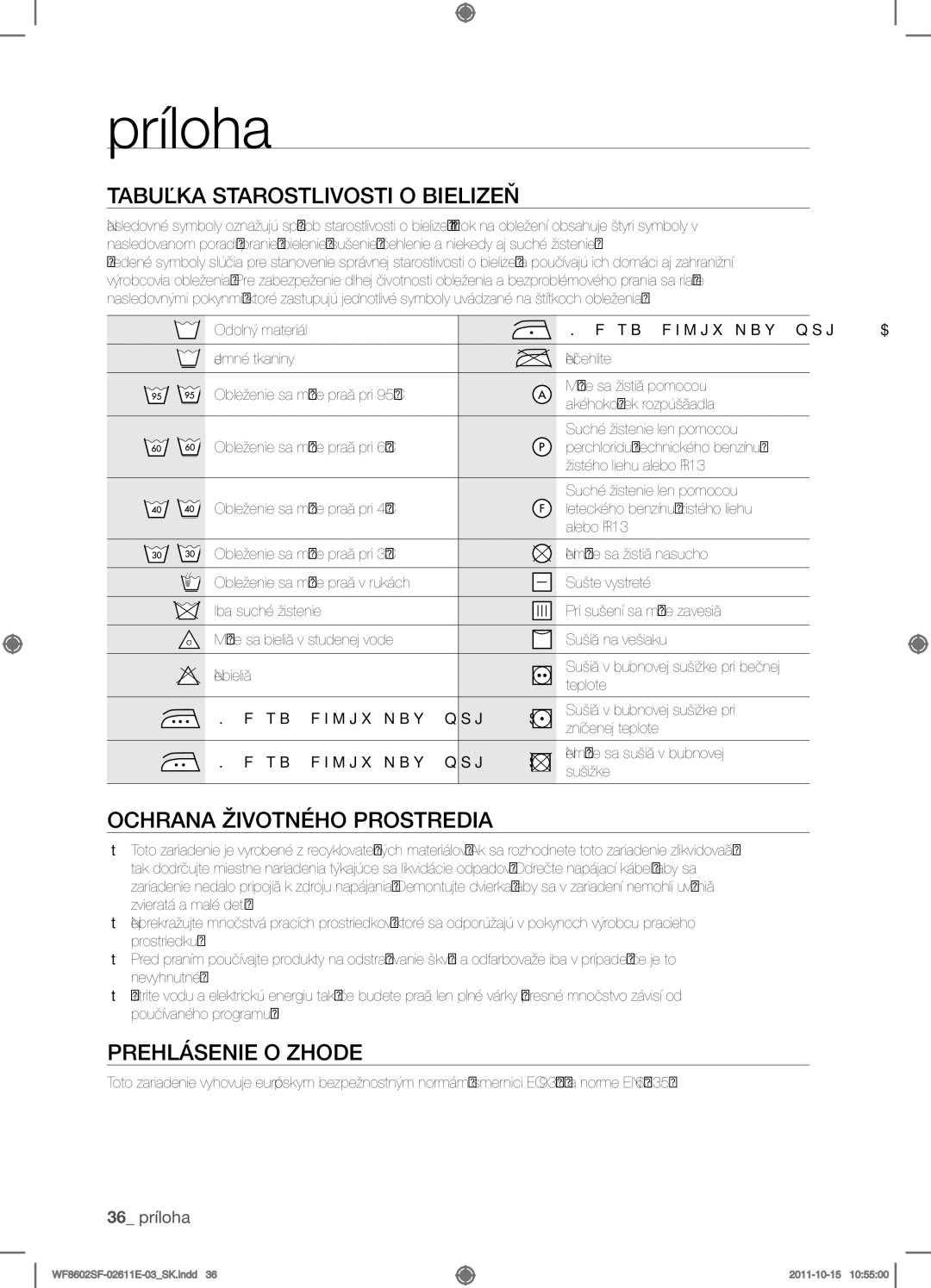 Samsung WF8602SFV/XEH manual Príloha, Tabuľka starostlivosti o bielizeň, Ochrana životného prostredia, Prehlásenie o zhode 