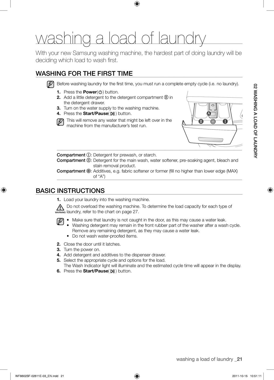 Samsung WF8500SFV/XEH, WF8602SFV/XEH manual Washing a load of laundry, Washing for the first time, Basic instructions 