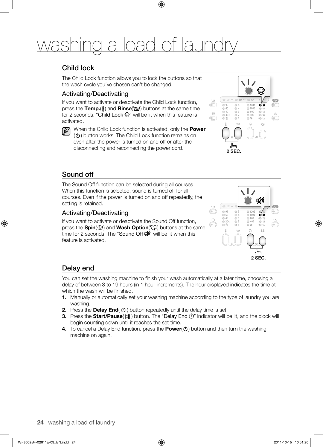 Samsung WF8602SFV/XEH, WF8500SFV/XEH, WF8502SFV/XEH, WF8602SFS/XEH manual Sound off, Activating/Deactivating 