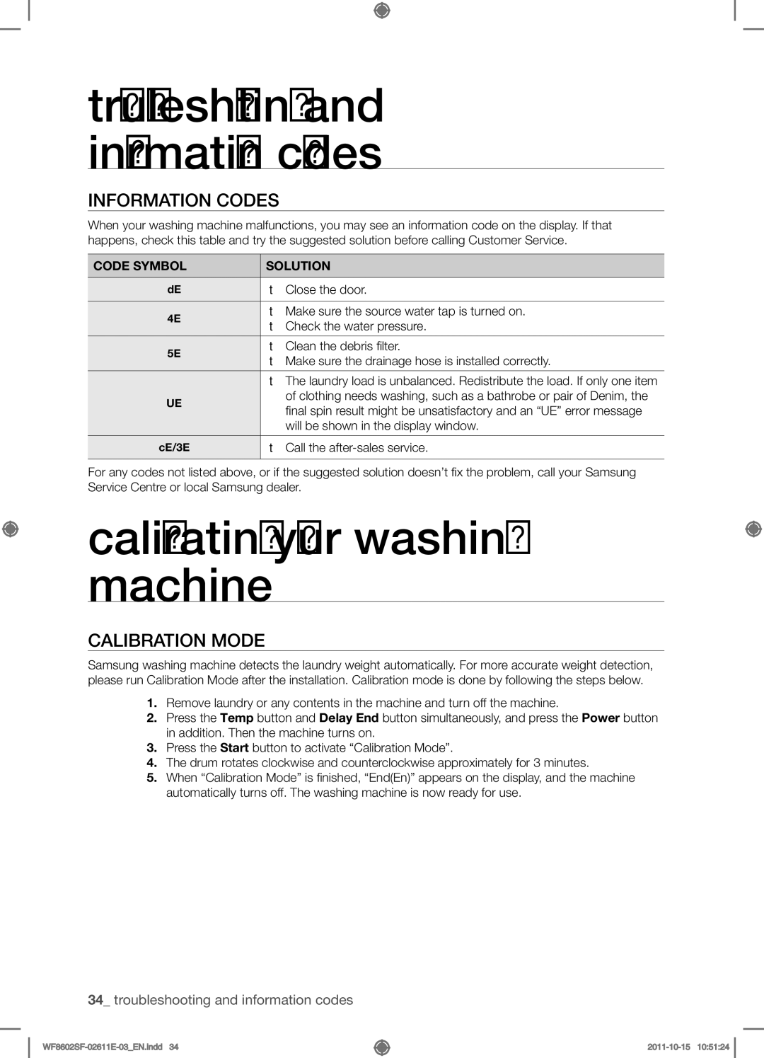 Samsung WF8502SFV/XEH manual Calibrating your washing machine, Information codes, Calibration mode, Code Symbol Solution 