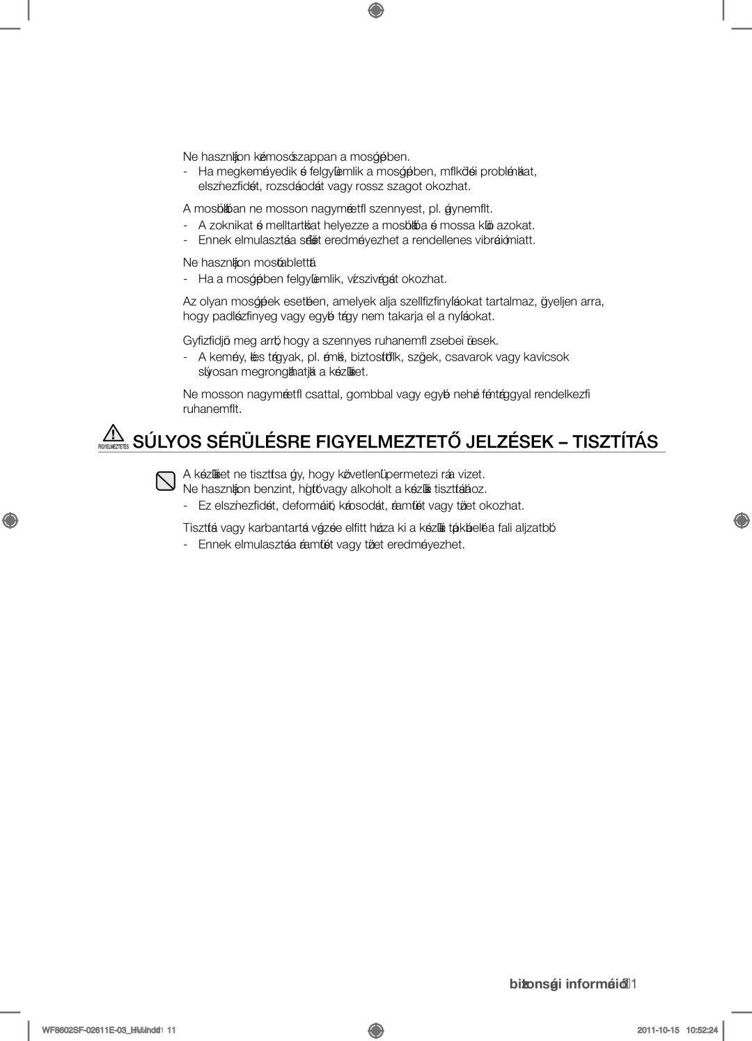 Samsung WF8602SFS/XEH, WF8602SFV/XEH, WF8500SFV/XEH, WF8502SFV/XEH manual Biztonsági információ 