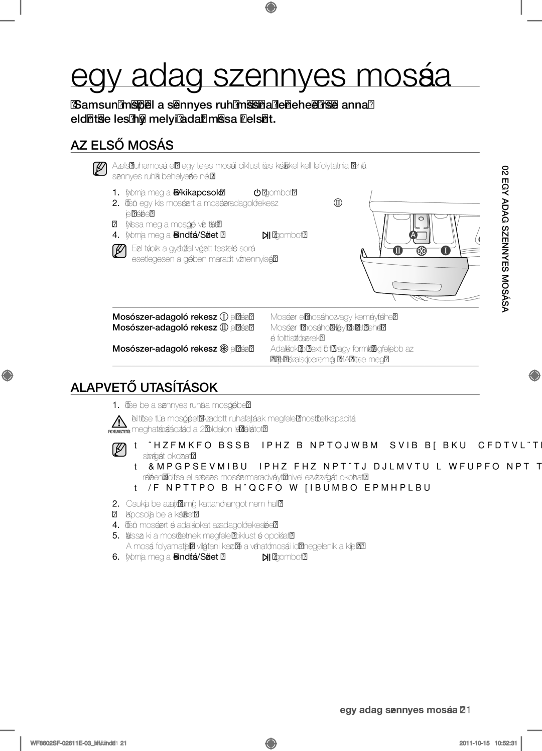 Samsung WF8500SFV/XEH Egy adag szennyes mosása, Az első mosás, Alapvető utasítások, Töltse be a szennyes ruhát a mosógépbe 