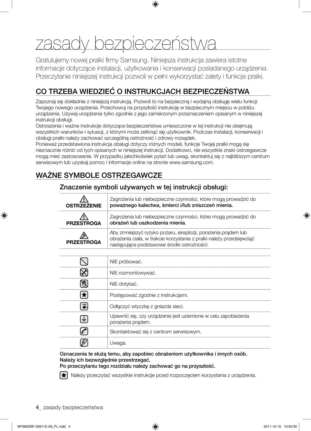 Samsung WF8602SFV/XEH Zasady bezpieczeństwa, Co trzeba wiedzieć o instrukcjach bezpieczeństwa, Ważne symbole ostrzegawcze 