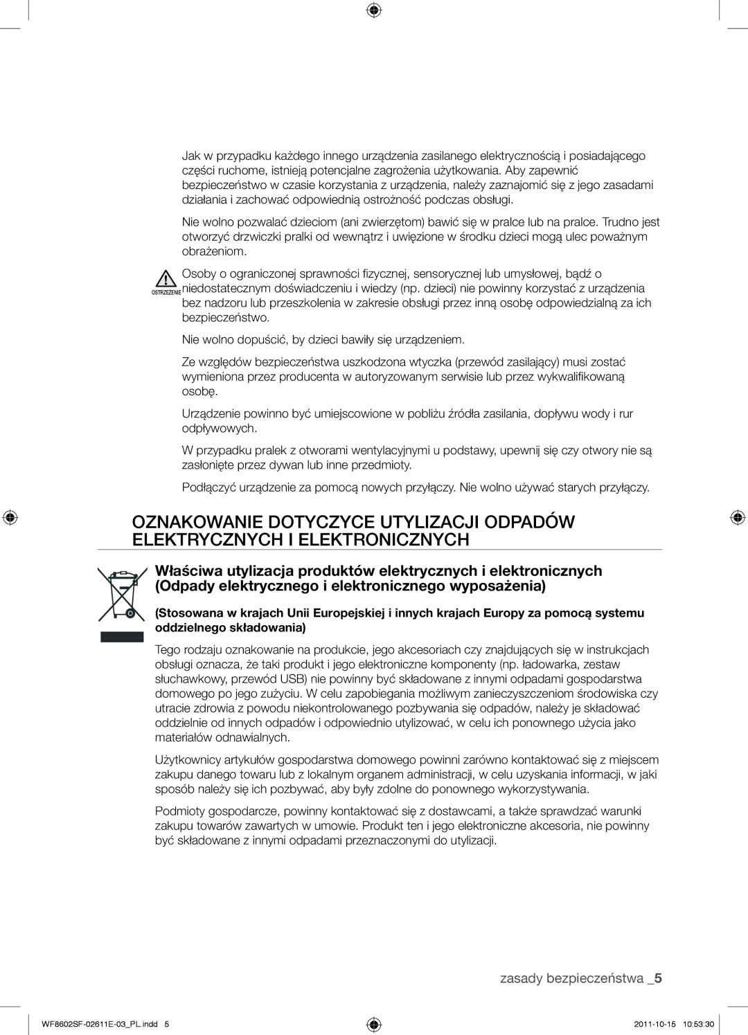 Samsung WF8500SFV/XEH, WF8602SFV/XEH, WF8502SFV/XEH, WF8602SFS/XEH manual Zasady bezpieczeństwa 