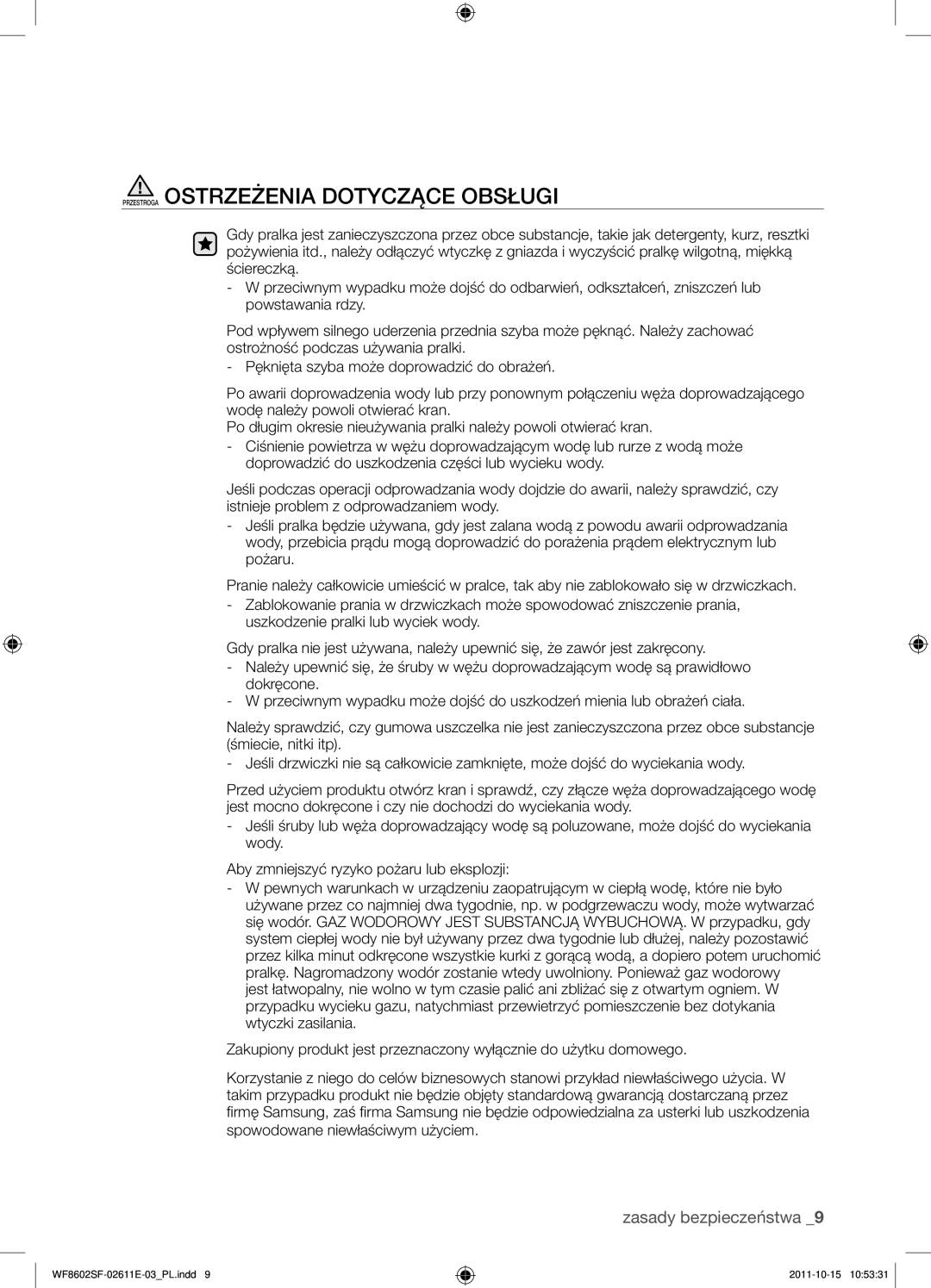 Samsung WF8500SFV/XEH, WF8602SFV/XEH manual Przestroga OStrzeżenia dOtyCząCe OBSŁugi, Spowodowane niewłaściwym użyciem 