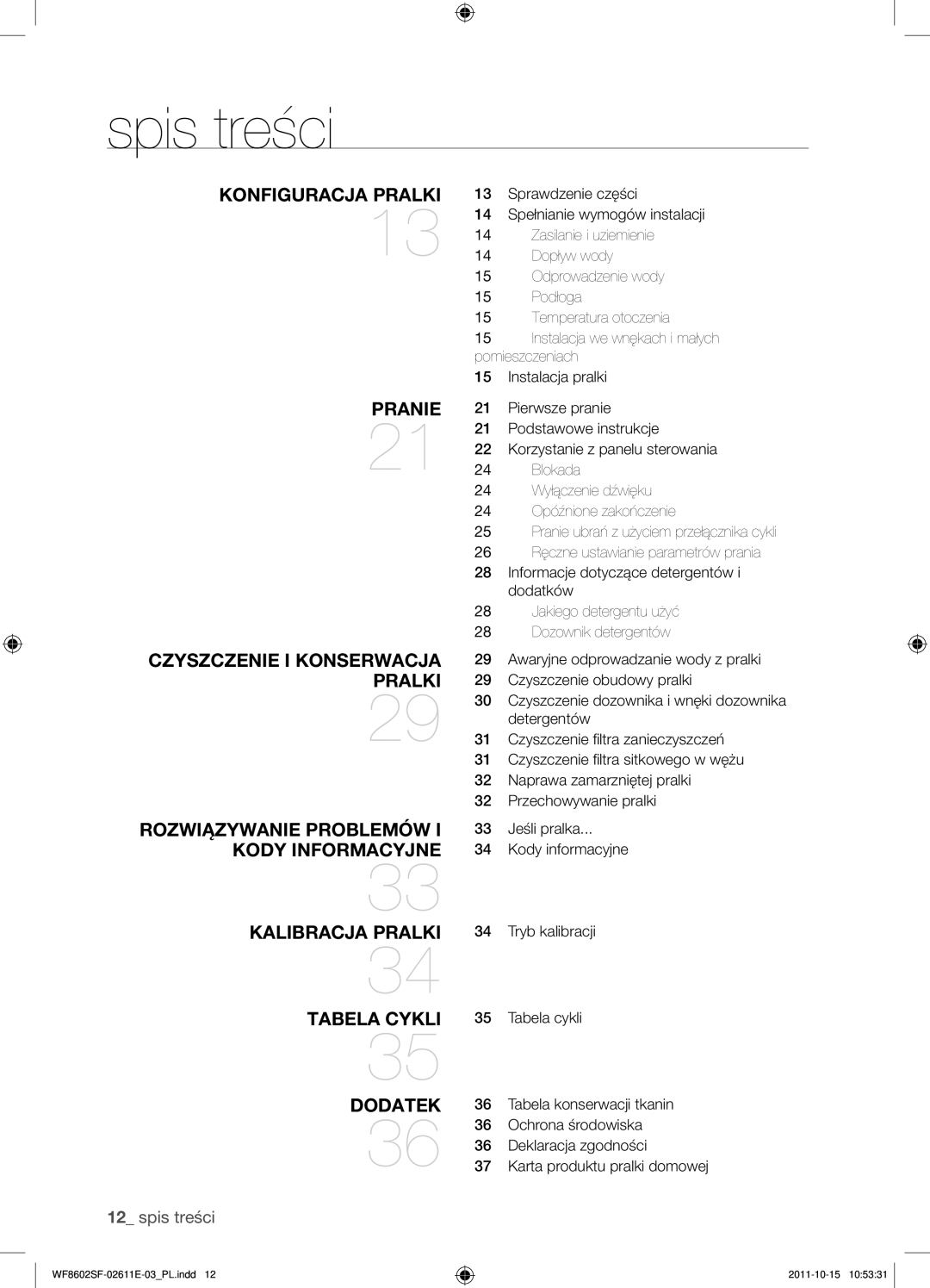 Samsung WF8602SFV/XEH, WF8500SFV/XEH, WF8502SFV/XEH, WF8602SFS/XEH manual Spis treści, Konfiguracja pralki 