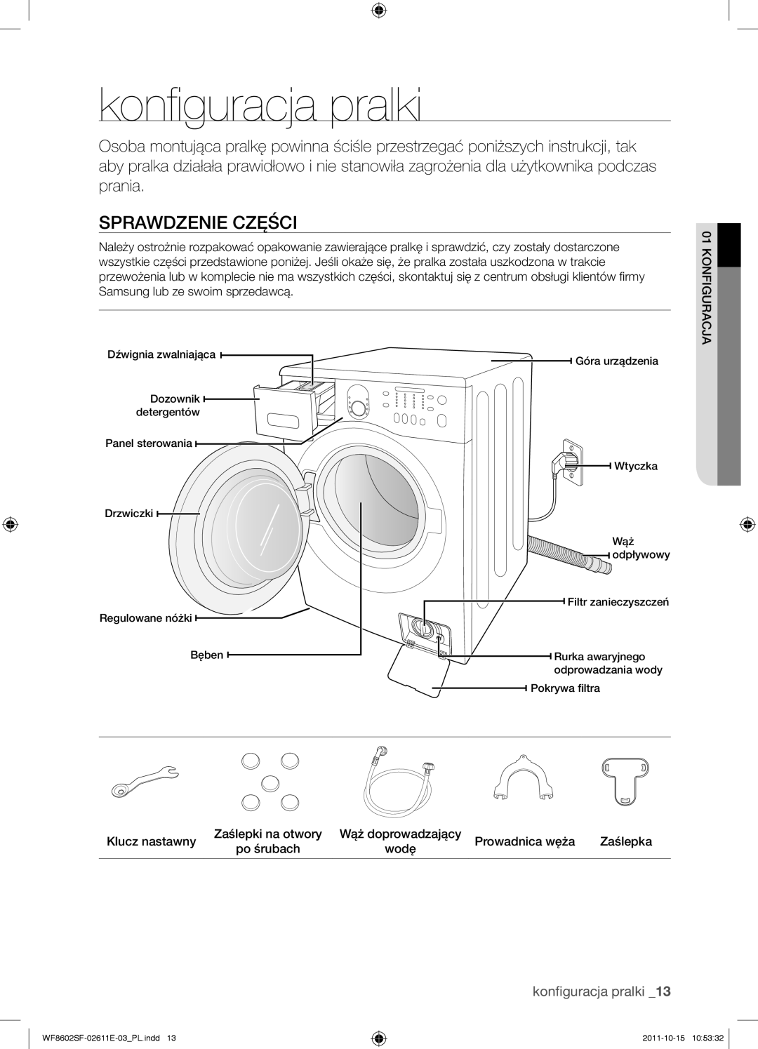 Samsung WF8500SFV/XEH, WF8602SFV/XEH, WF8502SFV/XEH, WF8602SFS/XEH manual Konfiguracja pralki, Sprawdzenie części 