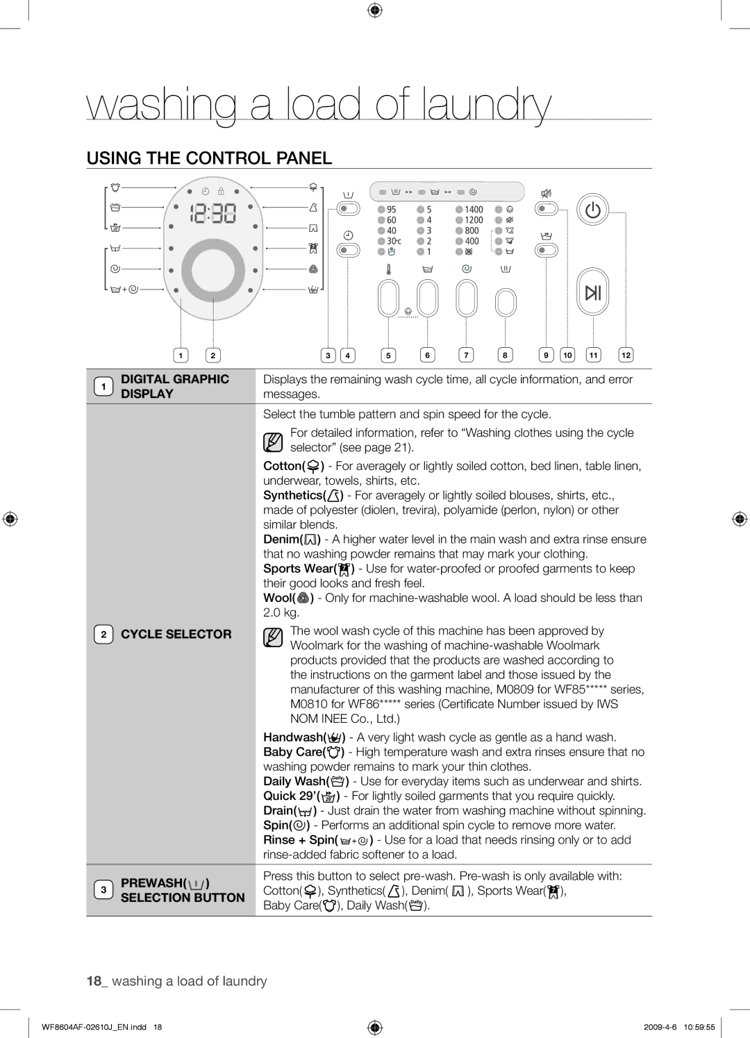 Samsung WF8604AFV/XEE manual Using the Control Panel, Cycle Selector, Prewash, Selection Button 