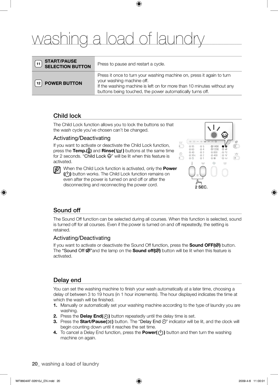 Samsung WF8604AFV/XEE manual Sound off, Activating/Deactivating, Start/Pause 