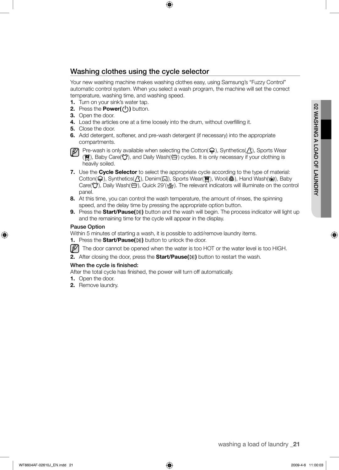 Samsung WF8604AFV/XEE manual Washing clothes using the cycle selector 