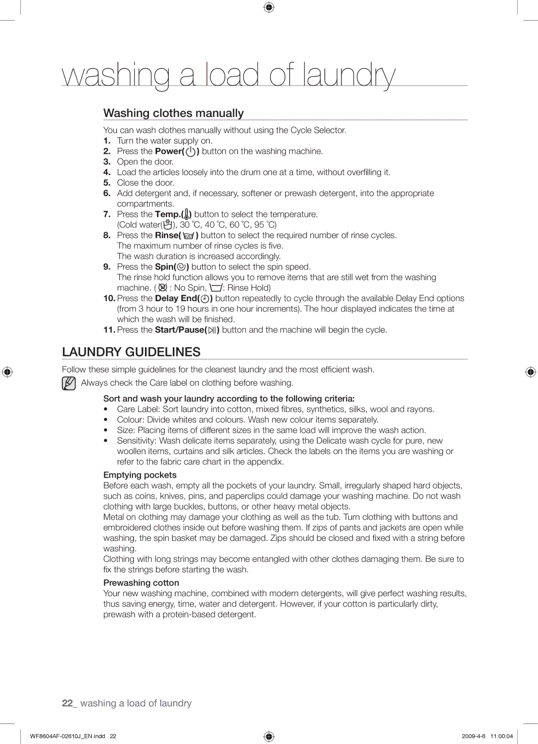 Samsung WF8604AFV/XEE Laundry Guidelines, Washing clothes manually 