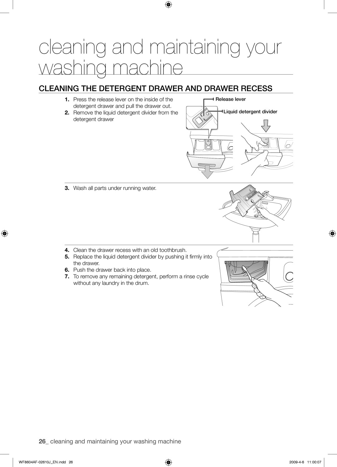 Samsung WF8604AFV/XEE manual Cleaning the Detergent Drawer and Drawer Recess 