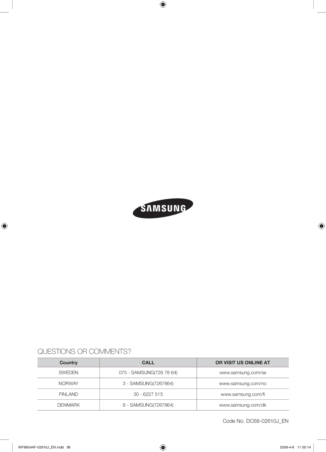 Samsung WF8604AFV/XEE manual Questions or COMMENTS? 