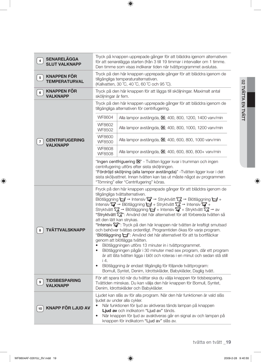 Samsung WF8604AFV/XEE manual Senarelägga, Slut Valknapp, Knappen FÖR, Temperaturval, Centrifugering, Tidsbesparing 