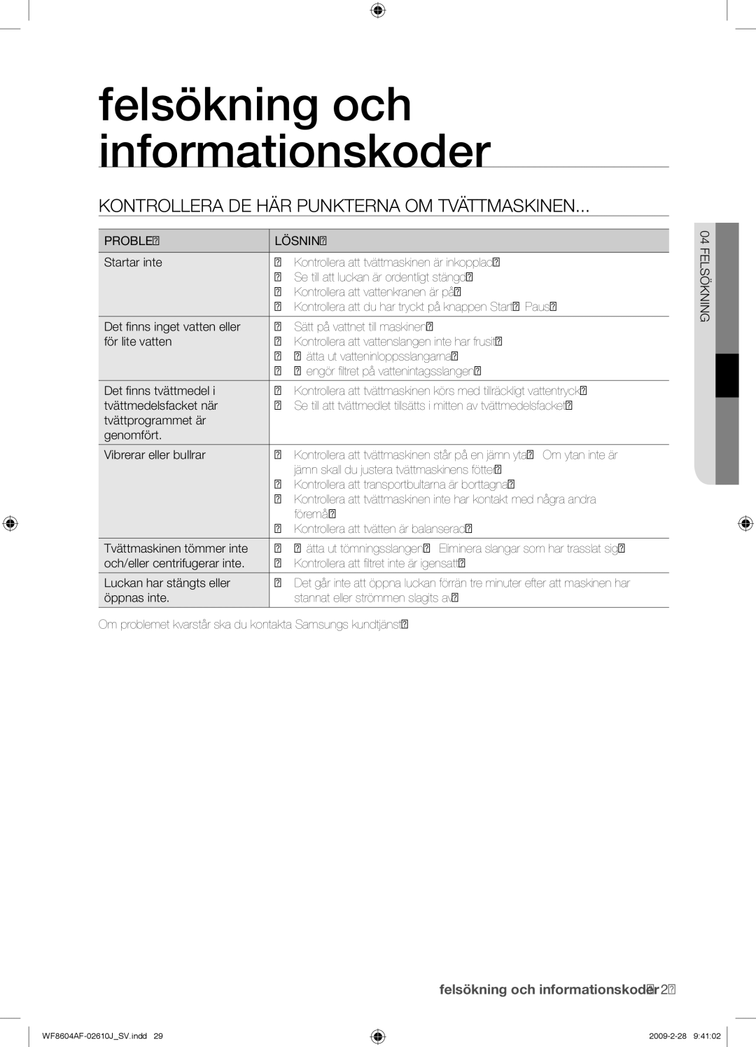 Samsung WF8604AFV/XEE manual Kontrollera DE HÄR Punkterna OM Tvättmaskinen, Problem Lösning 