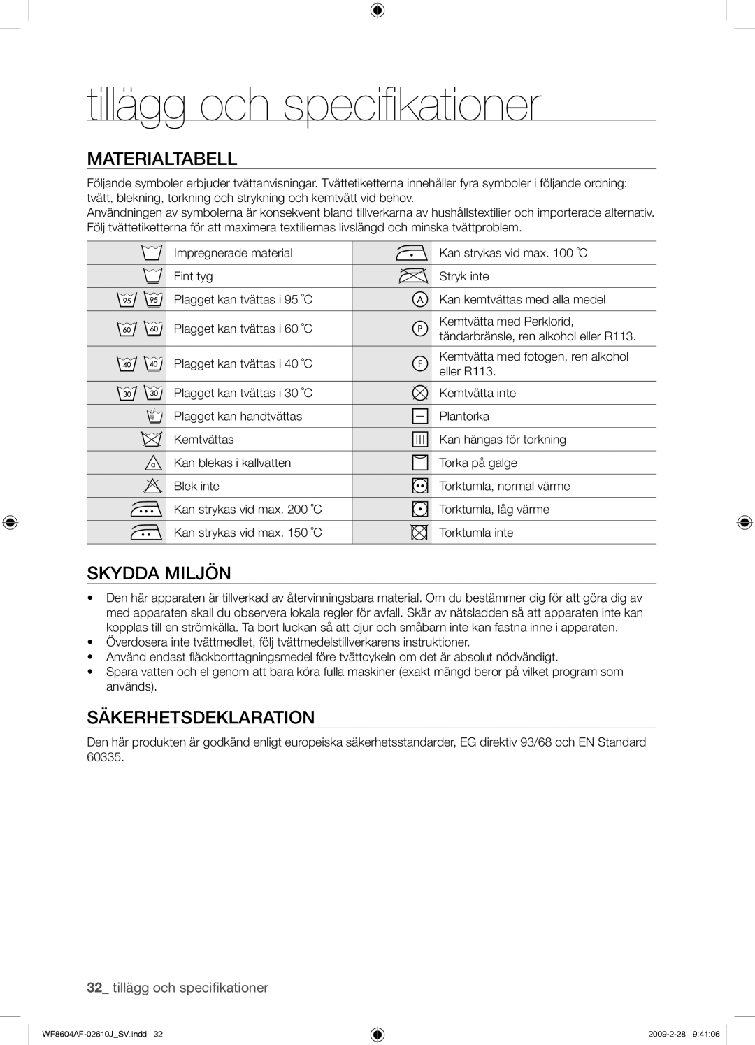 Samsung WF8604AFV/XEE manual Tillägg och speciﬁkationer, Materialtabell, Skydda Miljön, Säkerhetsdeklaration 