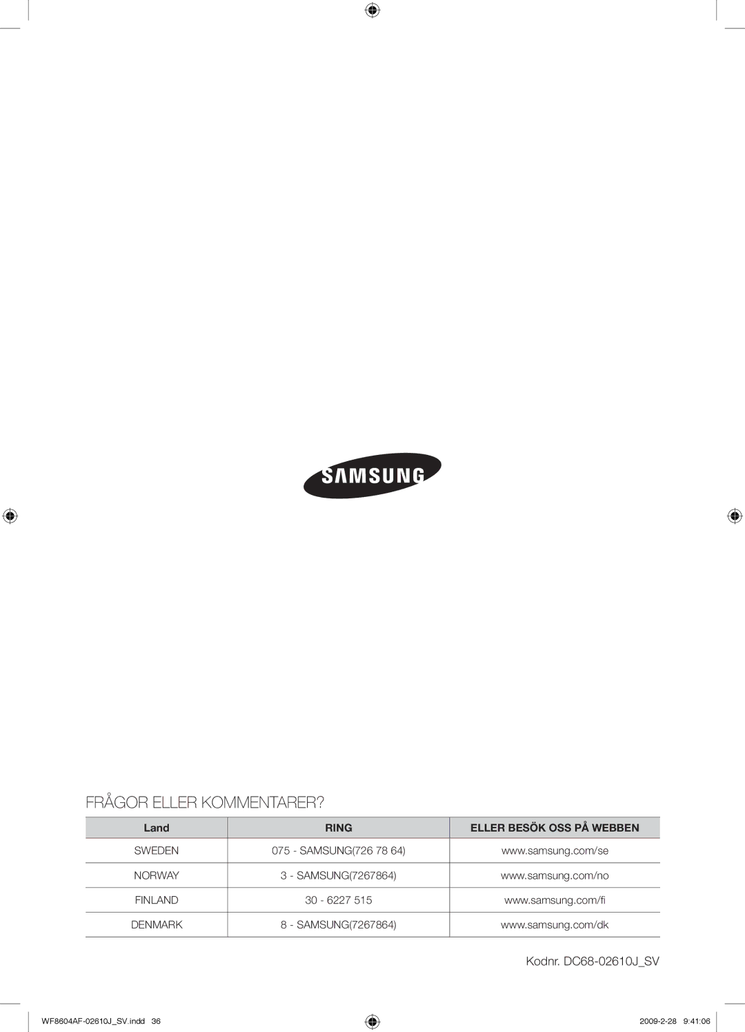 Samsung WF8604AFV/XEE manual Frågor Eller KOMMENTARER? 