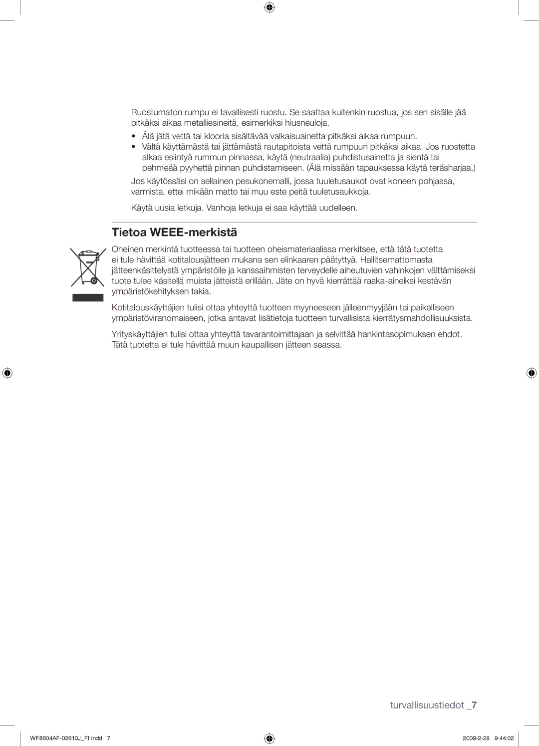 Samsung WF8604AFV/XEE manual Tietoa WEEE-merkistä 