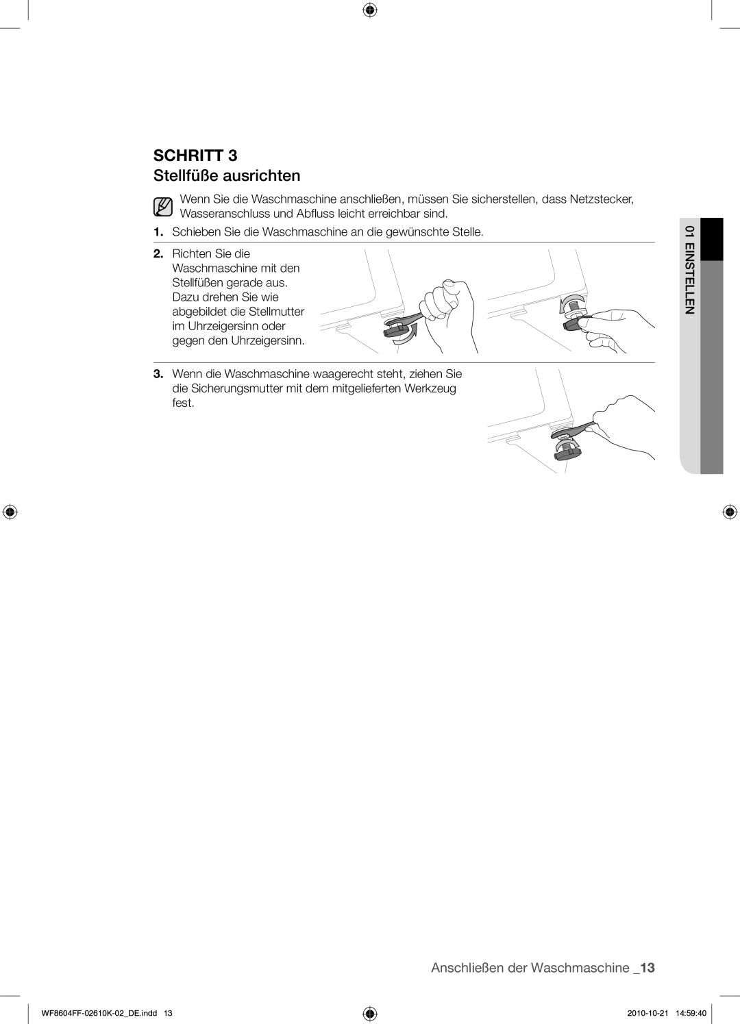 Samsung WF8604FFW/XEG manual Stellfüße ausrichten 