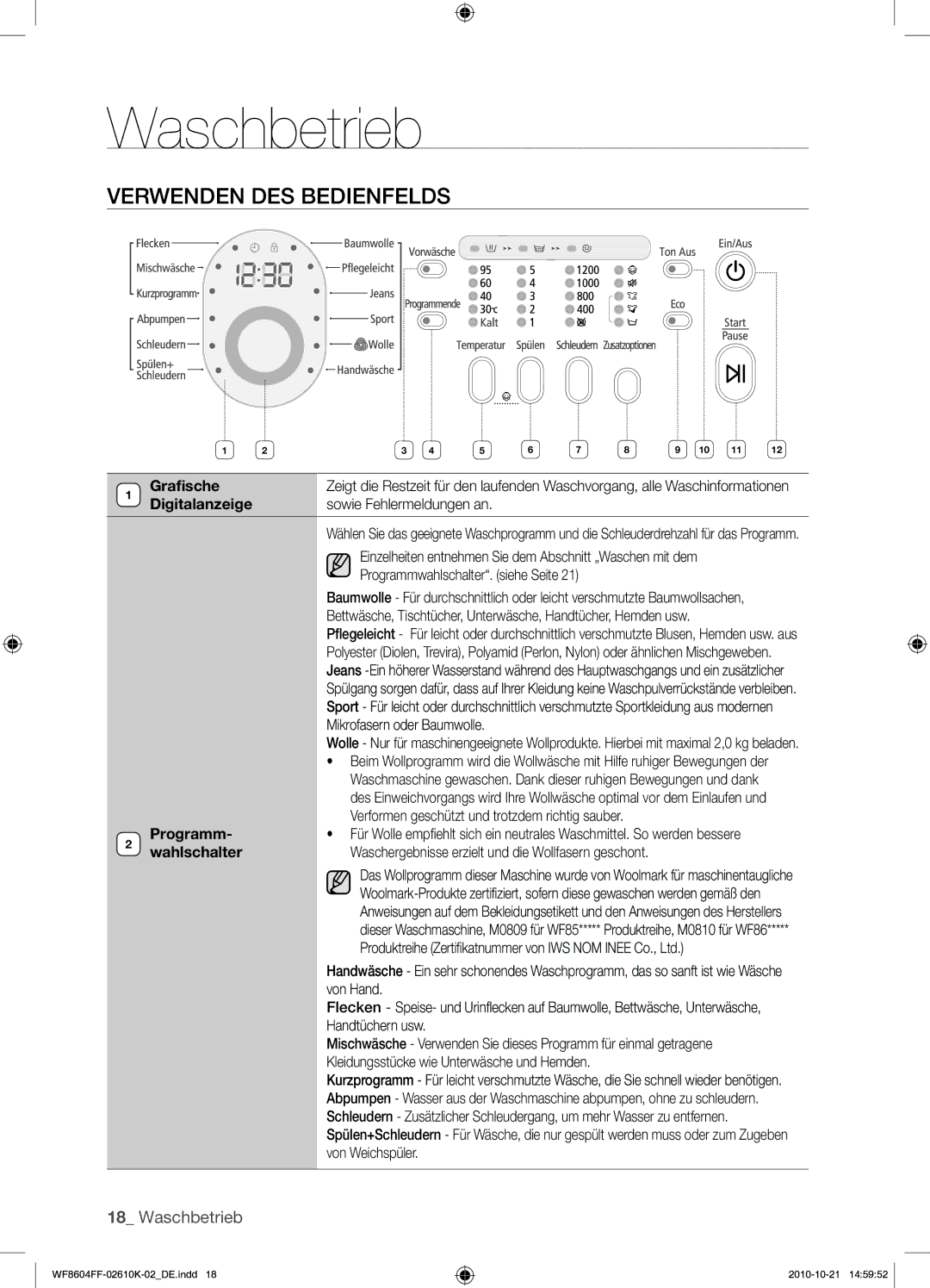 Samsung WF8604FFW/XEG manual Verwenden DES Bedienfelds, Digitalanzeige Sowie Fehlermeldungen an 