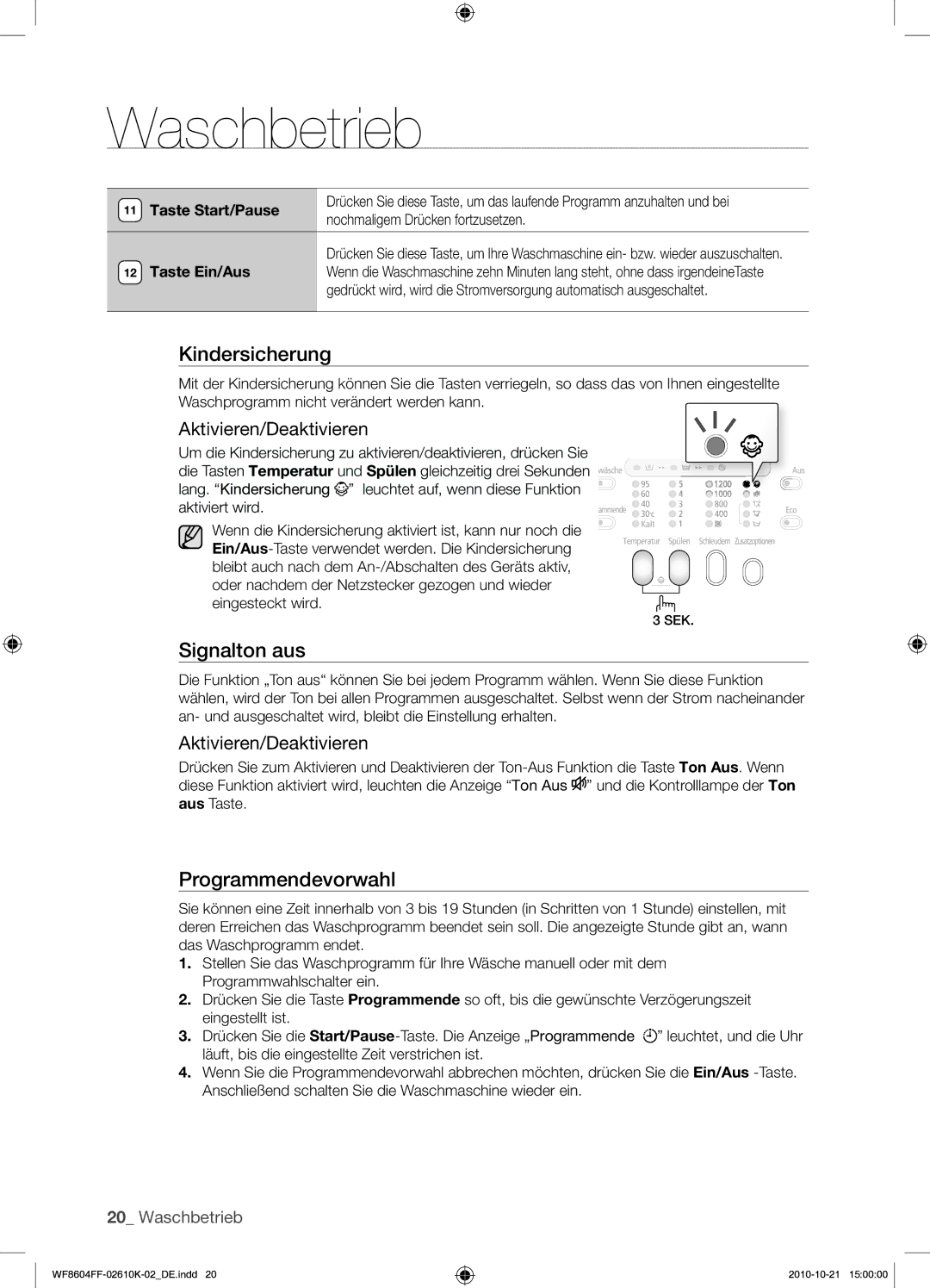 Samsung WF8604FFW/XEG manual Signalton aus, Nochmaligem Drücken fortzusetzen 