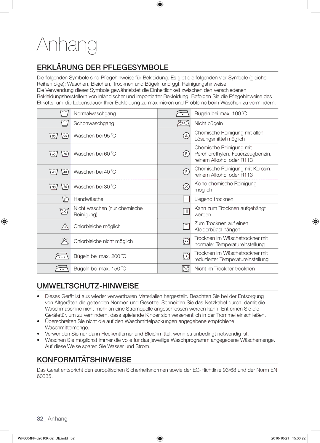 Samsung WF8604FFW/XEG manual Anhang, Erklärung DER Pflegesymbole, Umweltschutz-Hinweise, Konformitätshinweise 