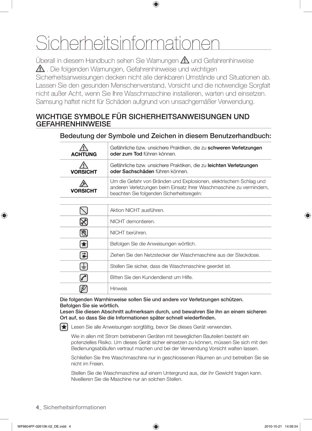 Samsung WF8604FFW/XEG manual Sicherheitsinformationen, Oder zum Tod führen können, Oder Sachschäden führen können 