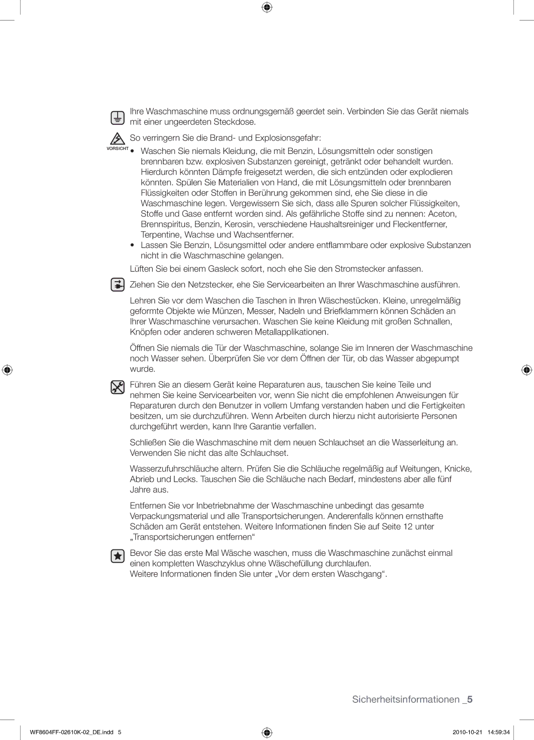 Samsung WF8604FFW/XEG manual Sicherheitsinformationen 