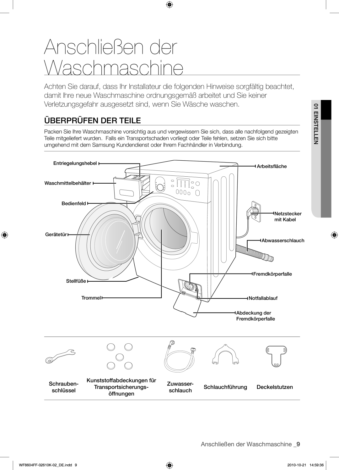 Samsung WF8604FFW/XEG manual Anschließen der Waschmaschine, Überprüfen DER Teile 