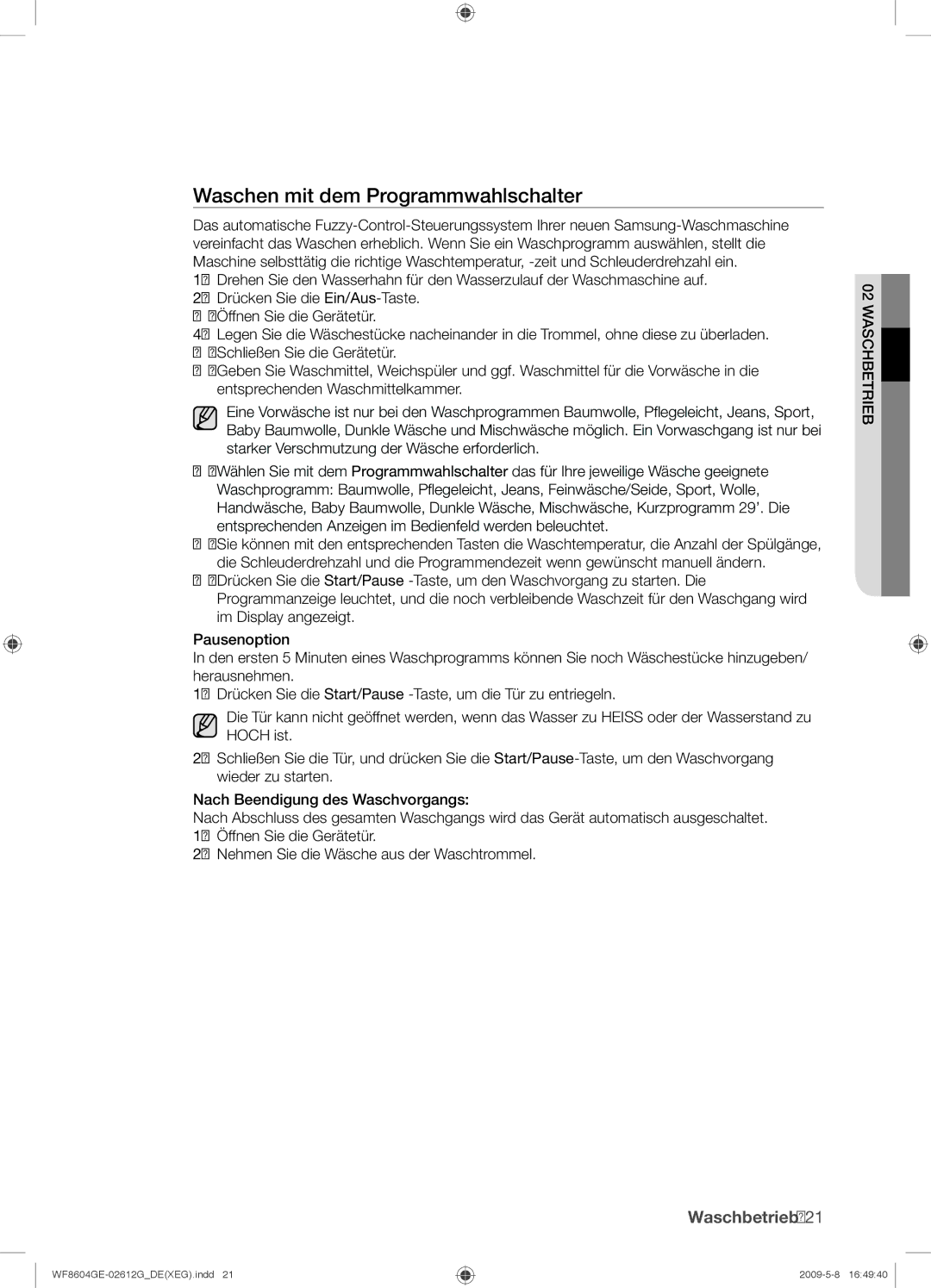 Samsung WF8604GEV/XEG manual Waschen mit dem Programmwahlschalter 