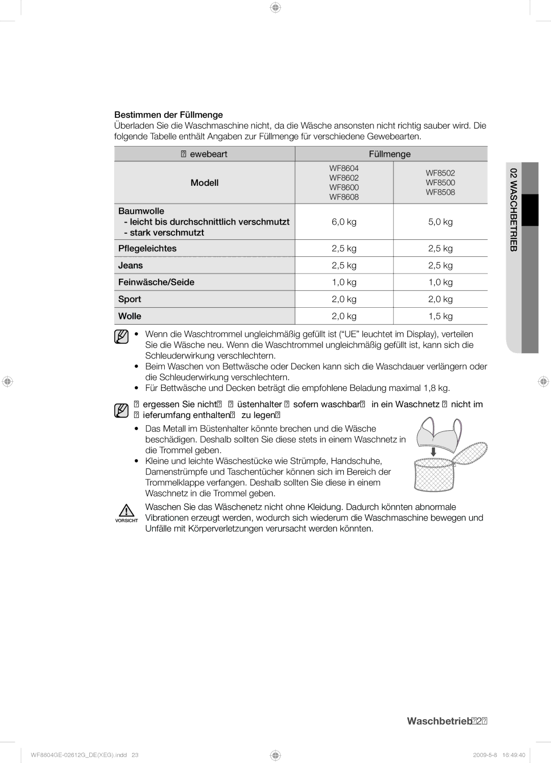 Samsung WF8604GEV/XEG manual Gewebeart Füllmenge, Modell 