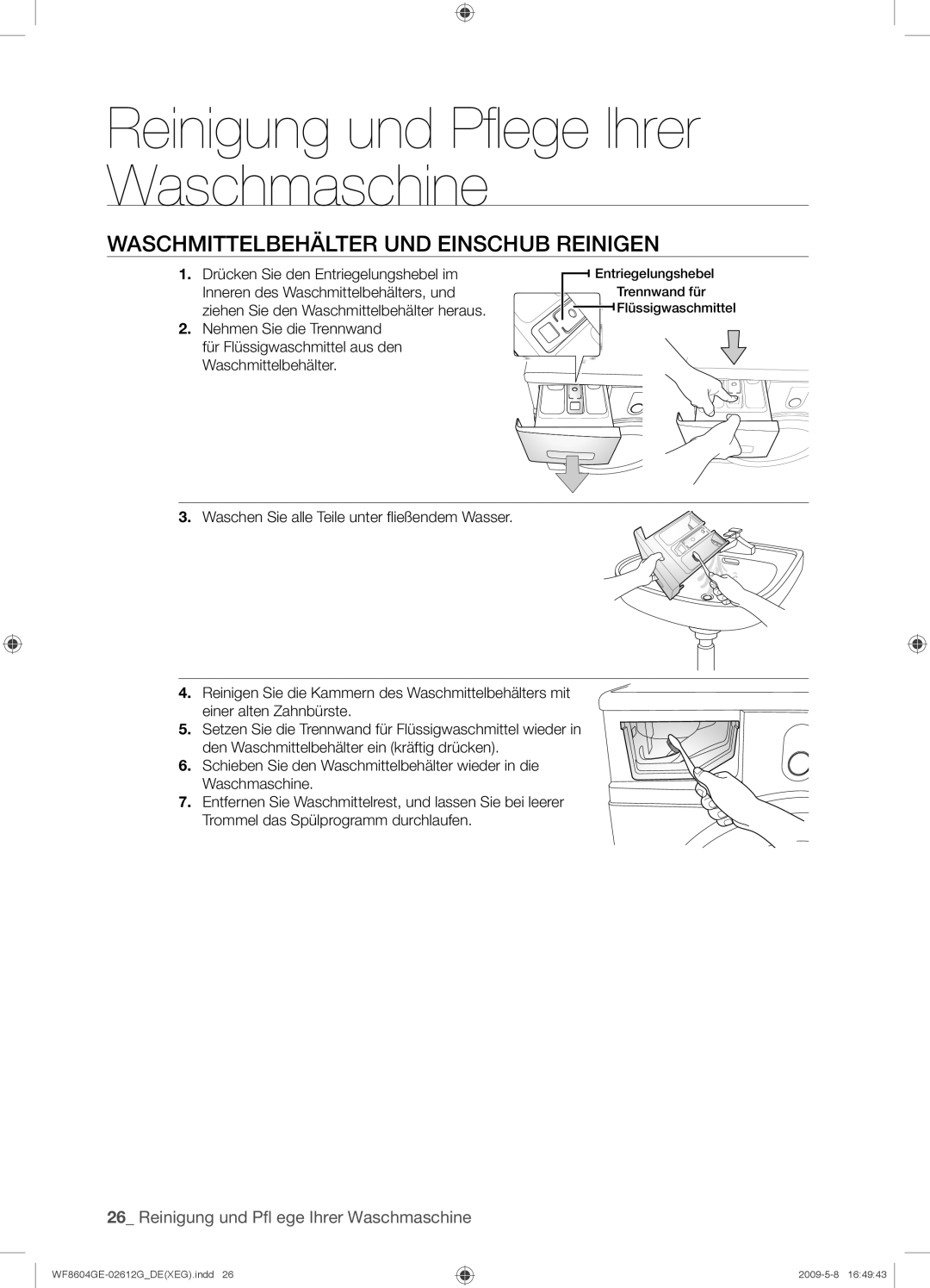 Samsung WF8604GEV/XEG manual Waschmittelbehälter UND Einschub Reinigen 