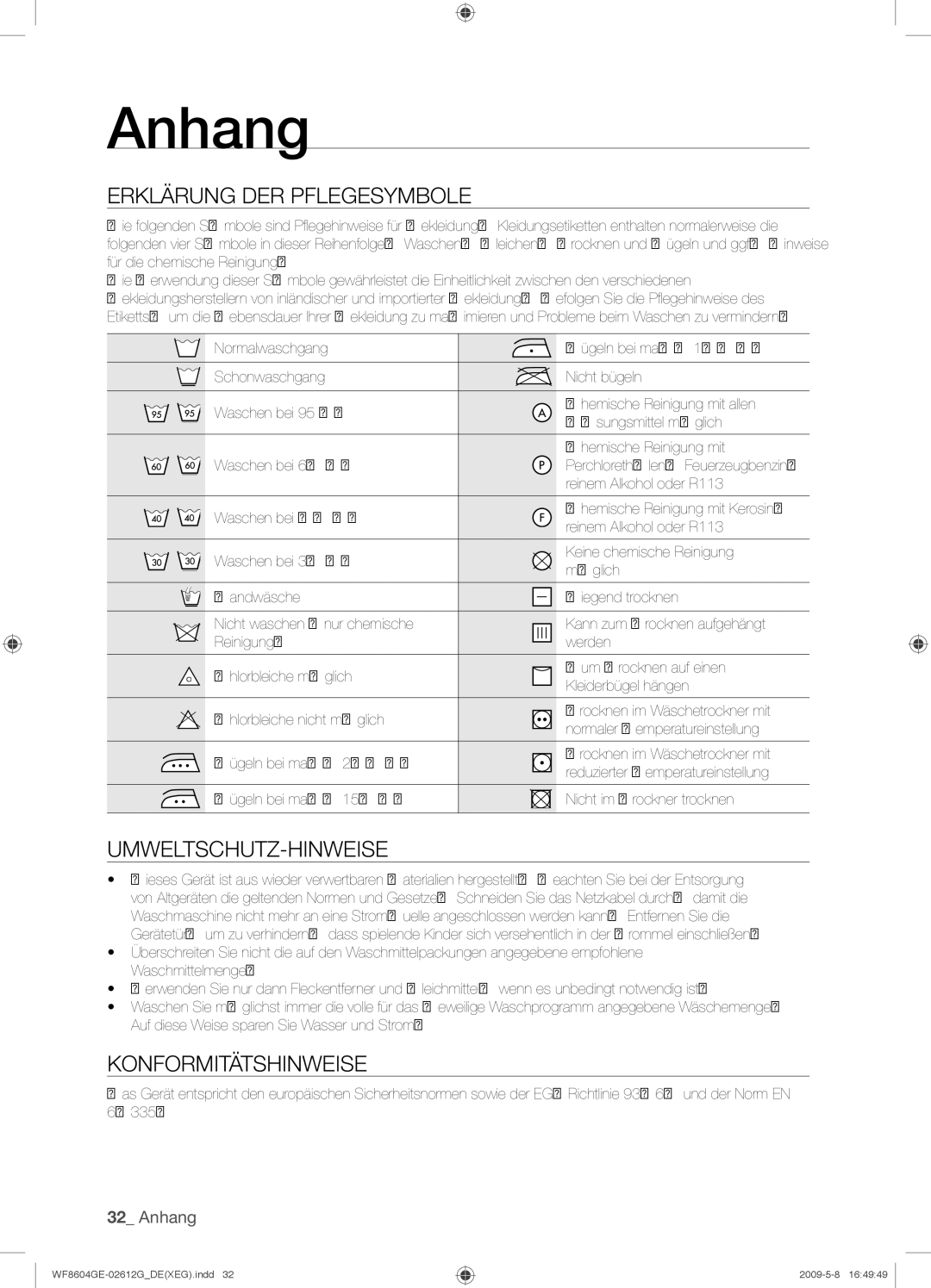 Samsung WF8604GEV/XEG manual Anhang, Erklärung DER Pflegesymbole, Umweltschutz-Hinweise, Konformitätshinweise 