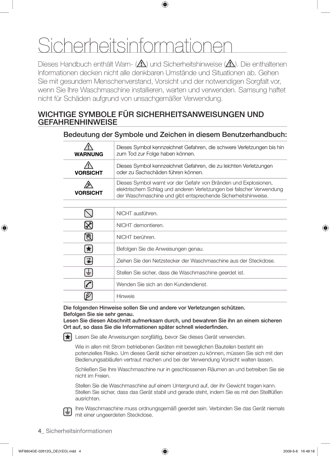 Samsung WF8604GEV/XEG manual Sicherheitsinformationen, Warnung, Zum Tod zur Folge haben können, Vorsicht 