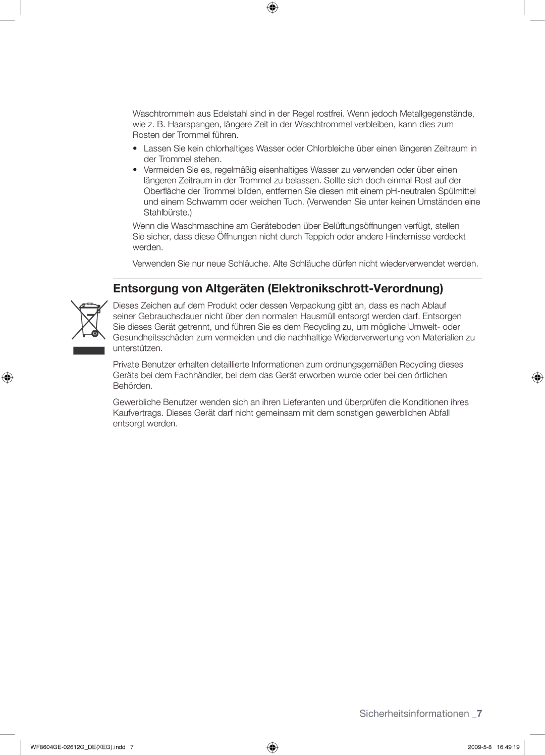 Samsung WF8604GEV/XEG manual Entsorgung von Altgeräten Elektronikschrott-Verordnung 