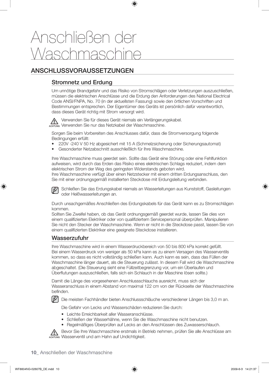 Samsung WF8604NGV/XEG manual Anschlussvoraussetzungen, Stromnetz und Erdung, Wasserzufuhr 