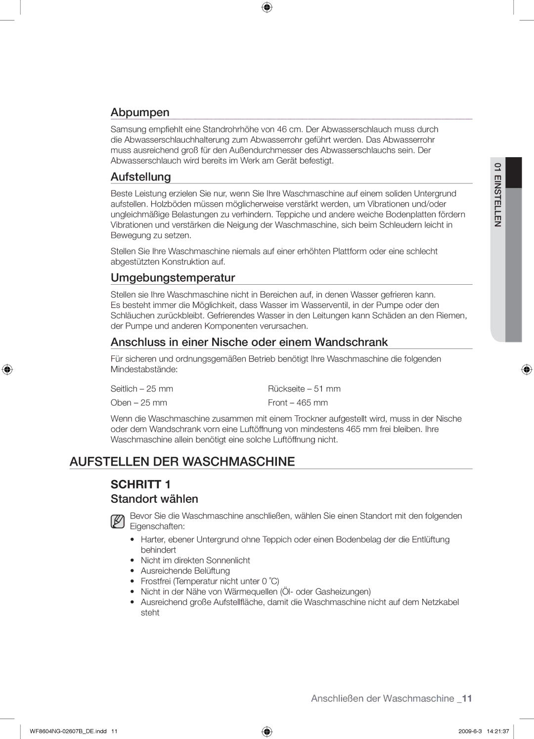 Samsung WF8604NGV/XEG manual Aufstellen DER Waschmaschine 