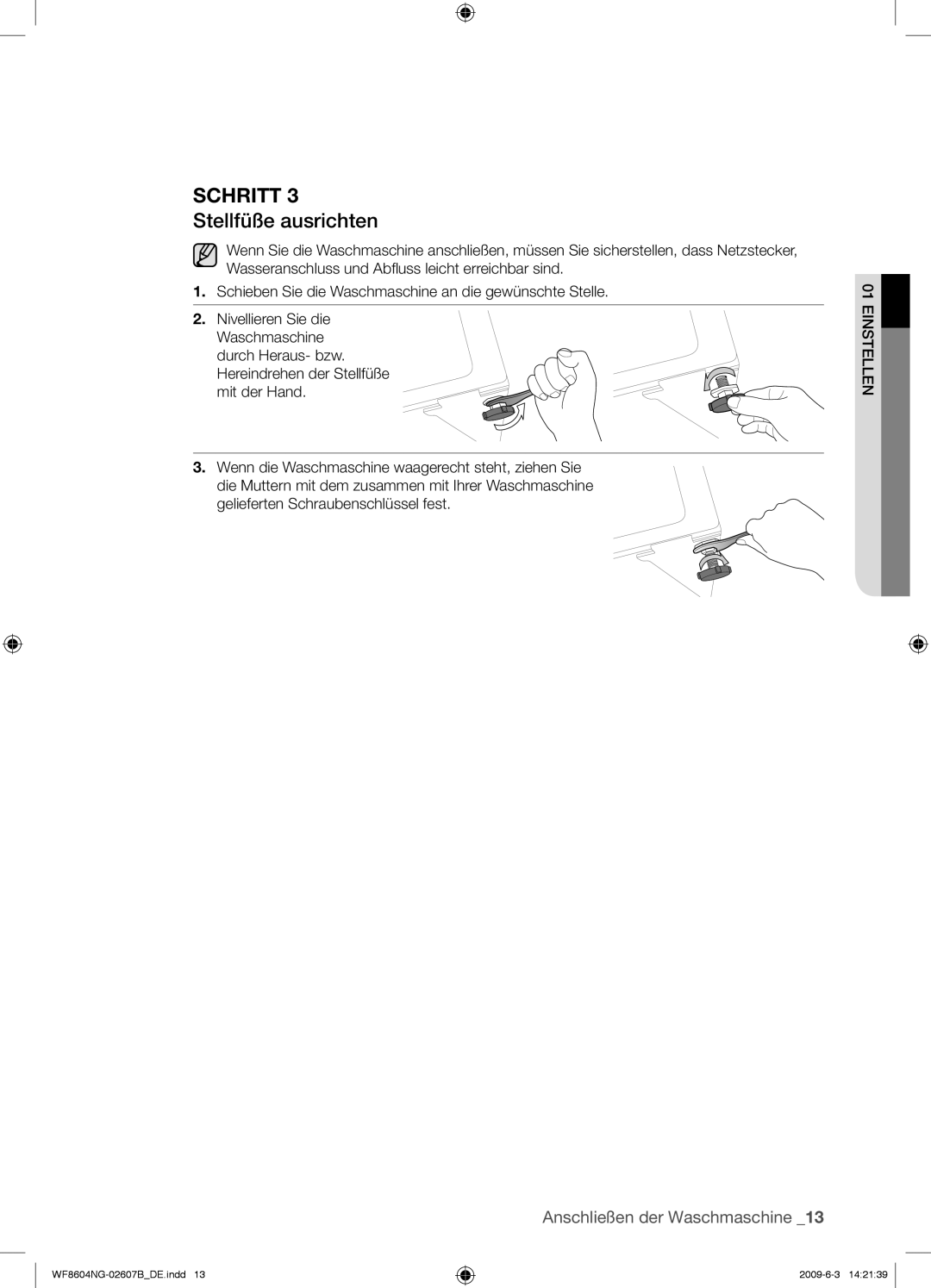 Samsung WF8604NGV/XEG manual Stellfüße ausrichten 