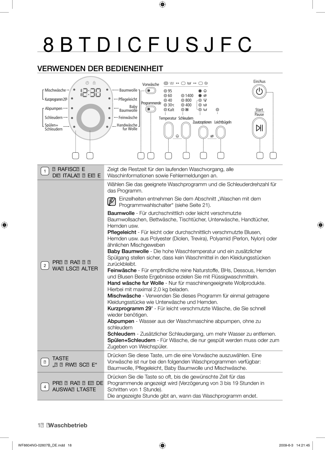 Samsung WF8604NGV/XEG manual Verwenden DER Bedieneinheit, Digitalanzeige 