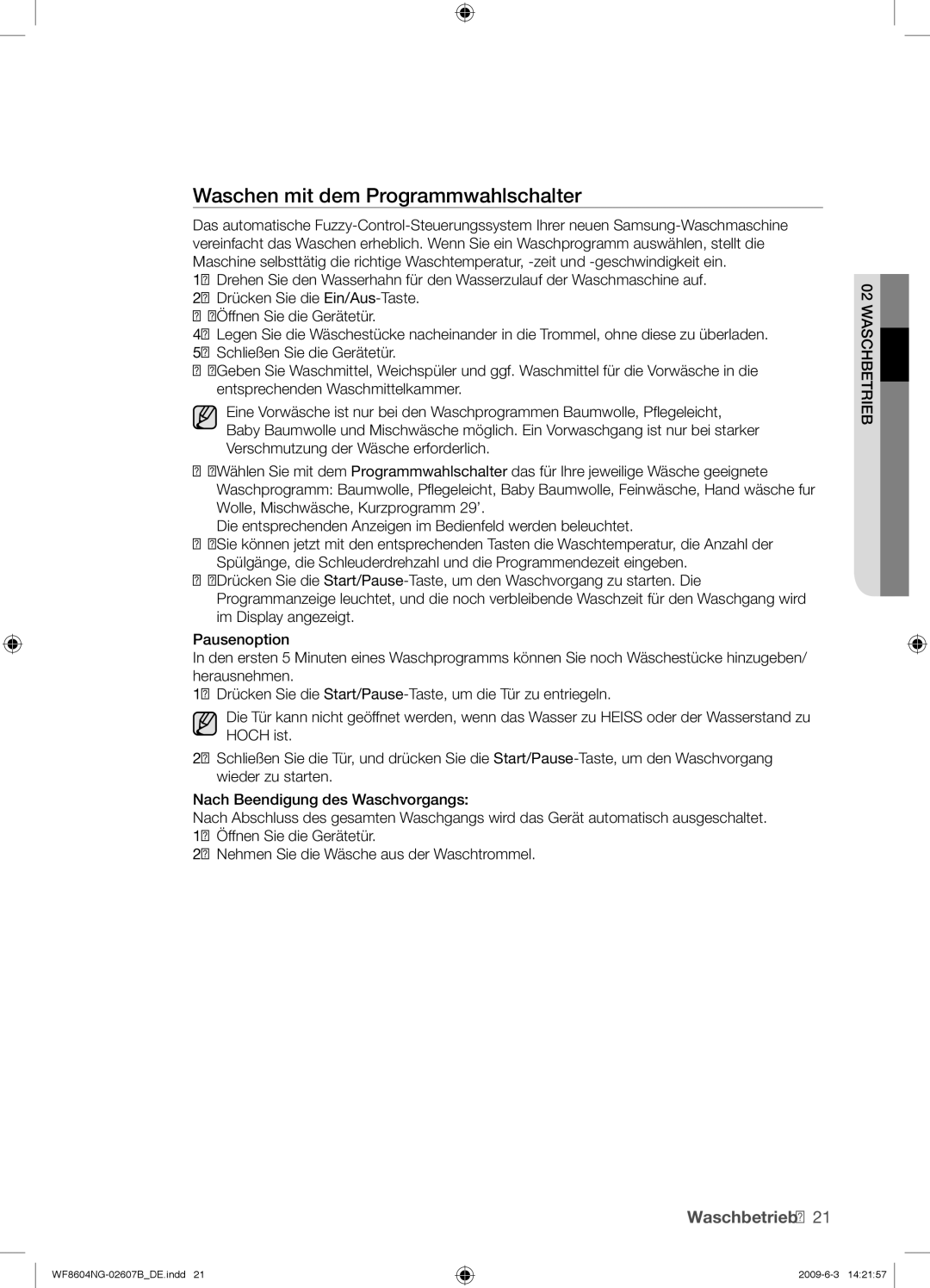 Samsung WF8604NGV/XEG manual Waschen mit dem Programmwahlschalter 