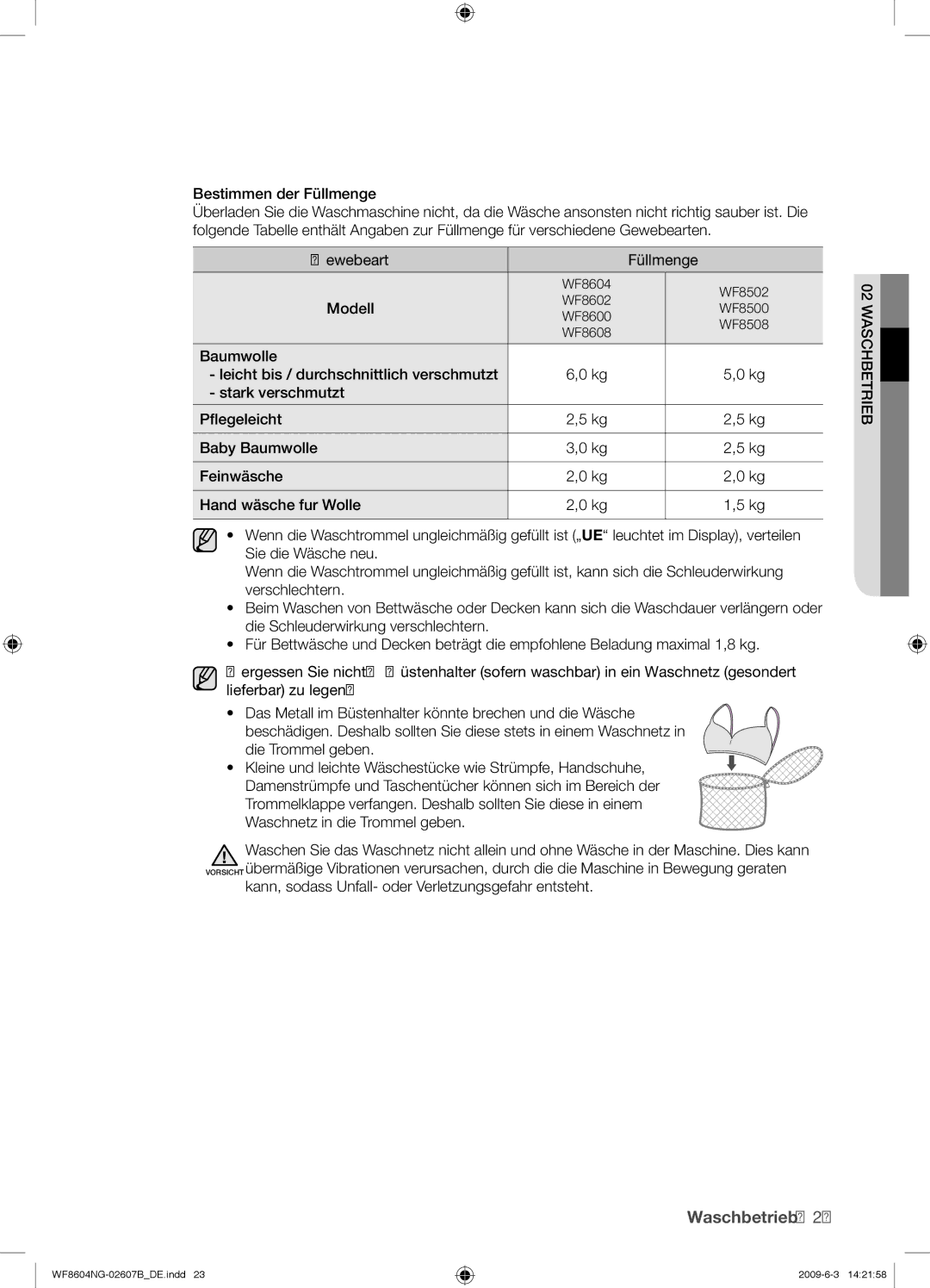 Samsung WF8604NGV/XEG manual Gewebeart Füllmenge 