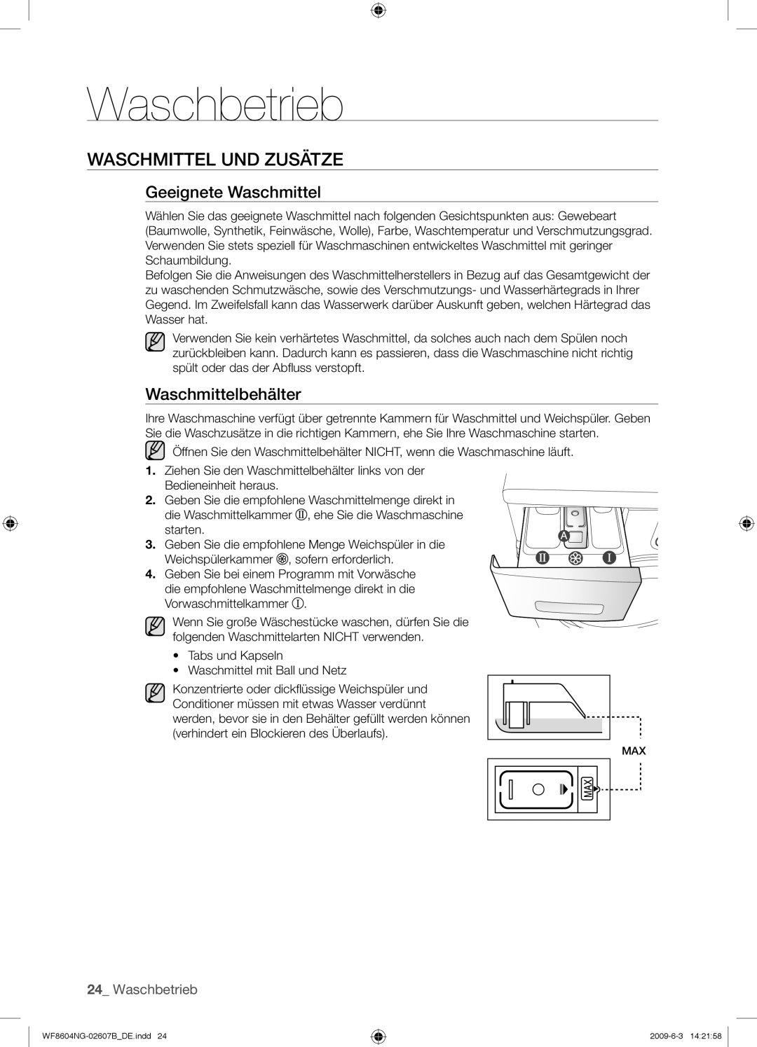 Samsung WF8604NGV/XEG manual Waschmittel UND Zusätze, Geeignete Waschmittel, Waschmittelbehälter 