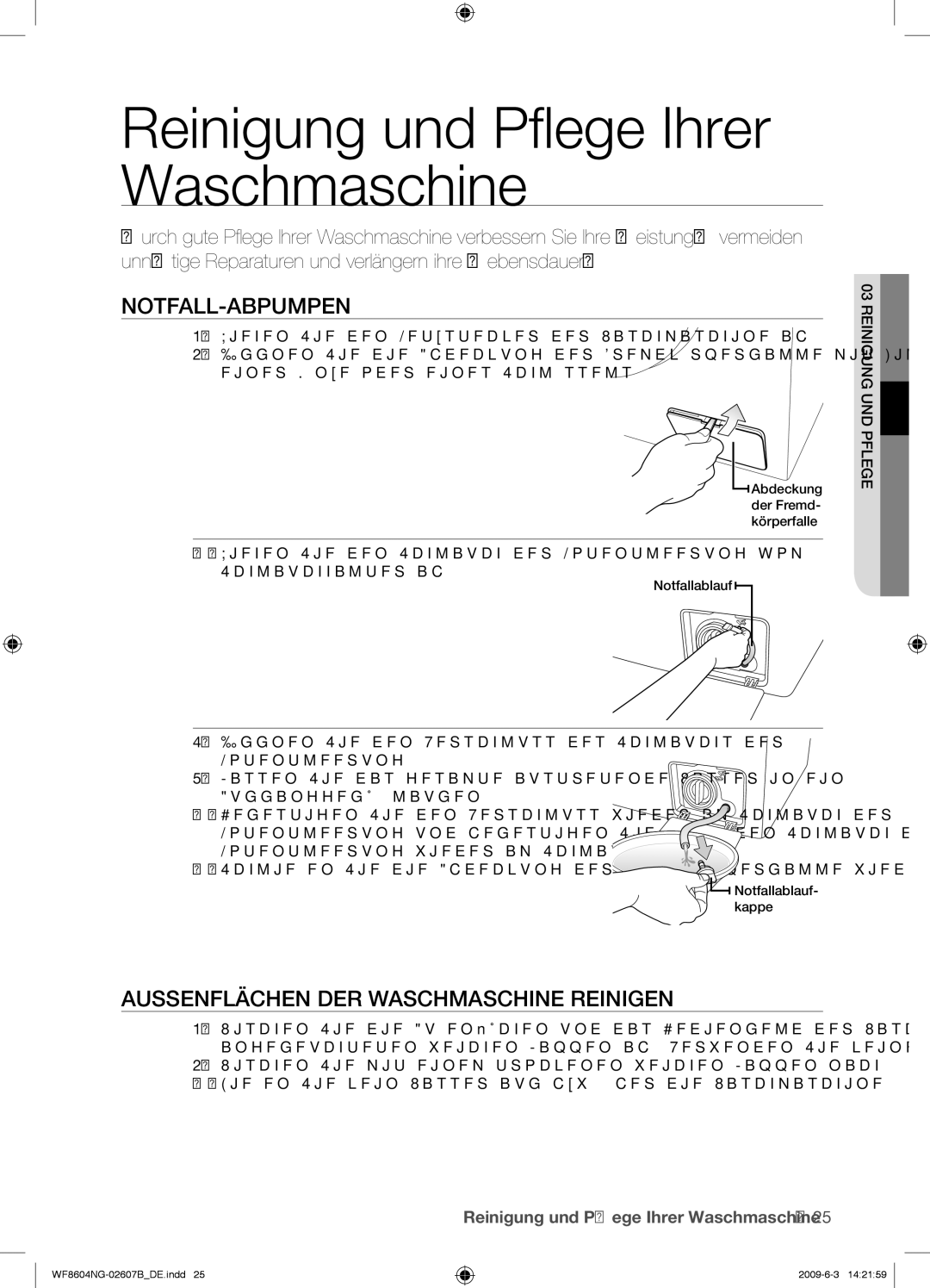 Samsung WF8604NGV/XEG Reinigung und Pﬂege Ihrer Waschmaschine, Notfall-Abpumpen, Aussenflächen DER Waschmaschine Reinigen 