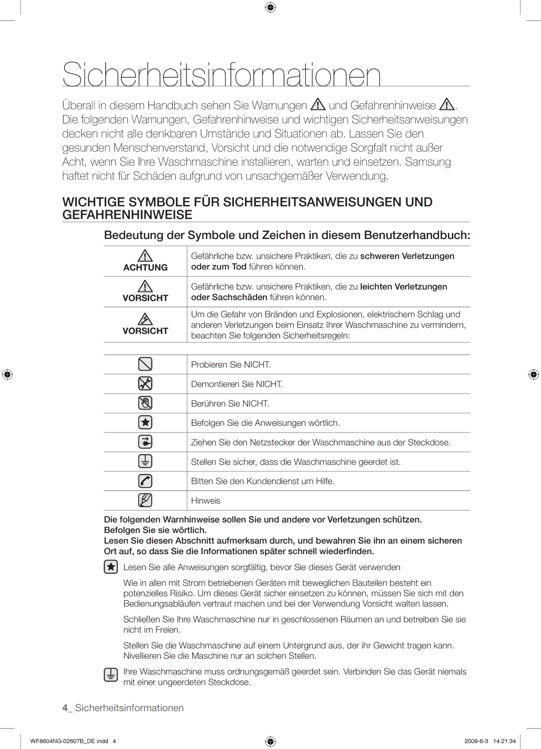 Samsung WF8604NGV/XEG manual Sicherheitsinformationen, Bedeutung der Symbole und Zeichen in diesem Benutzerhandbuch 