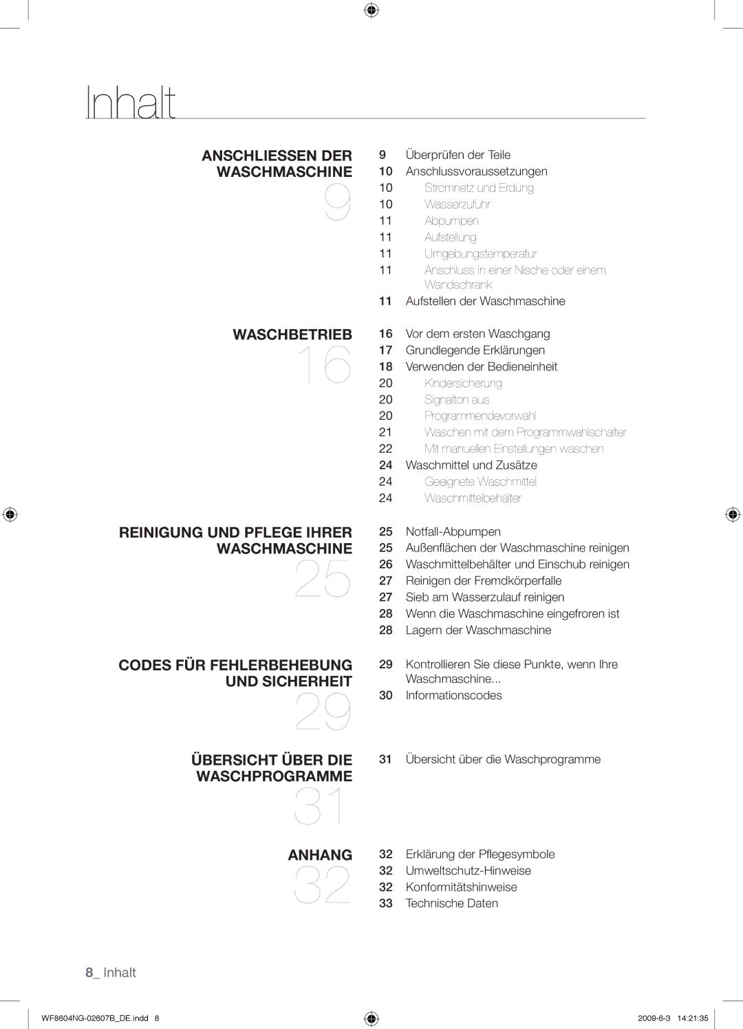 Samsung WF8604NGV/XEG manual Inhalt, Waschbetrieb 