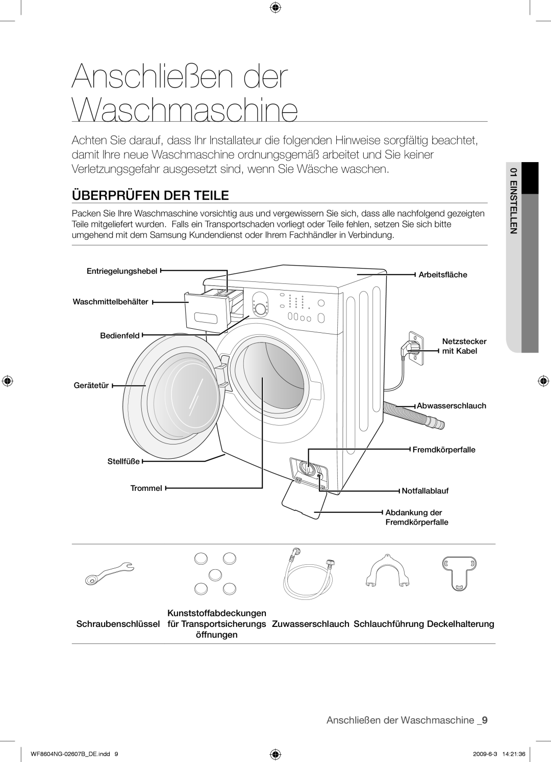 Samsung WF8604NGV/XEG manual Anschließen der Waschmaschine, Überprüfen DER Teile 