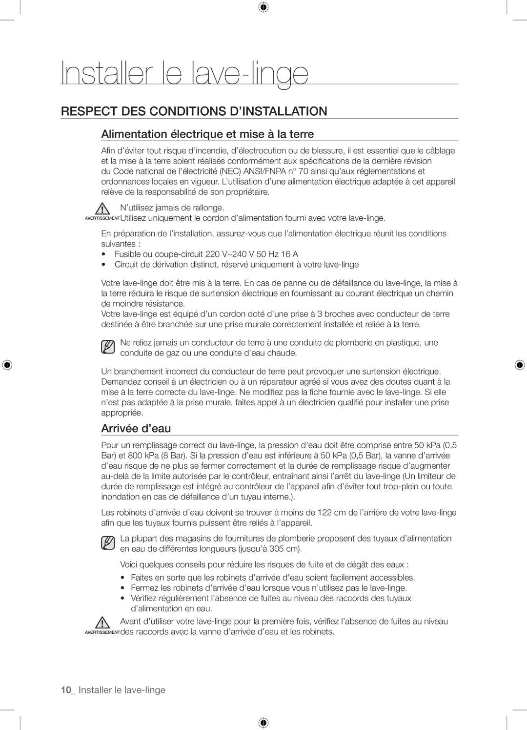 Samsung WF8604NHS/XEF Respect DES Conditions D’INSTALLATION, Alimentation électrique et mise à la terre, Arrivée d’eau 