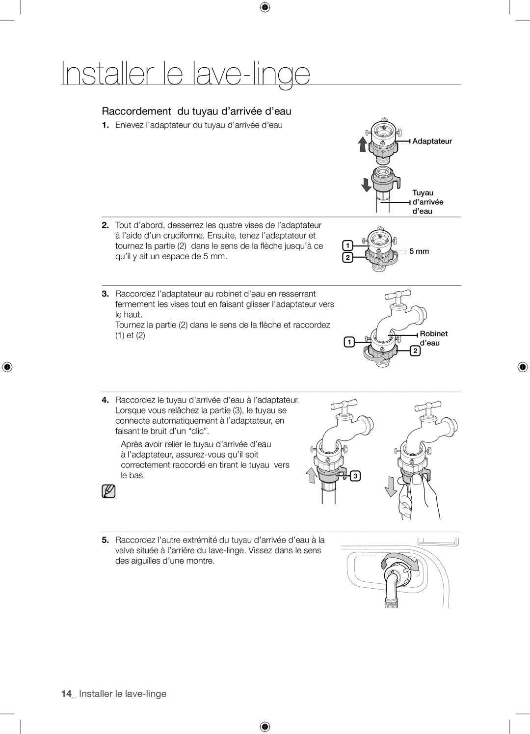 Samsung WF8604NHS/XEF, WF8604NHW/XEF manual Raccordement du tuyau d’arrivée d’eau 