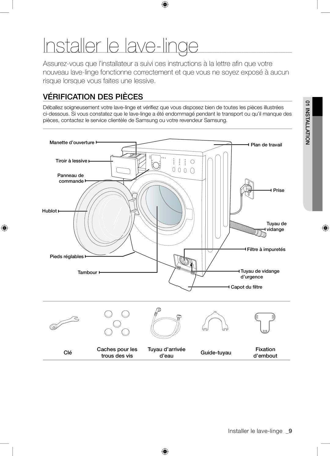 Samsung WF8604NHW/XEF, WF8604NHS/XEF manual Installer le lave-linge, Vérification DES Pièces 