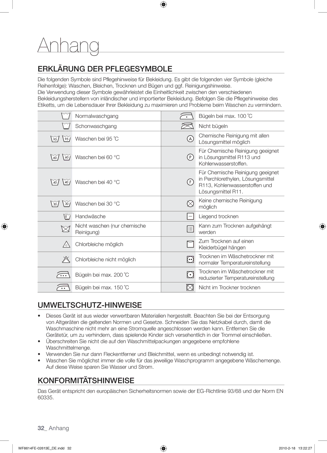 Samsung WF8614FEC/XEN manual Anhang, Erklärung DER Pflegesymbole, Umweltschutz-Hinweise, Konformitätshinweise 